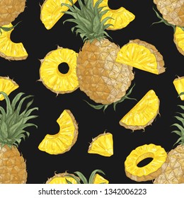 Summer seamless pattern with sweet pineapples, whole and cut into pieces and slices on black background. Backdrop with tasty ripe juicy tropical fruit. Realistic vector illustration in vintage style.