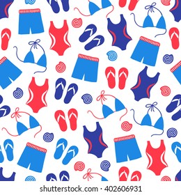 Summer seamless pattern with swimming clothes, shell,  swimsuit, swimming trunks. thongs, bikini. 