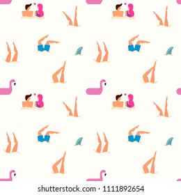 Summer seamless pattern with swimming people in the sea. Summertime illustration in vector.