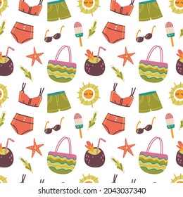 Summer Seamless pattern with swimsuit, beach bag, glasses, ice cream on a white background. Vector illustration in minimalistic flat style, hand drawing. Vacation print for textiles, print design.