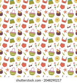 Patrón veraniego sin fisuras con traje de baño, bolsa de playa, gafas, helados sobre un fondo blanco. Dejar impresión para textiles, diseño de impresión. Ilustración vectorial en estilo plano minimalista, dibujo manual