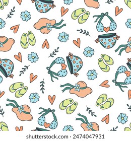 Summer seamless pattern with swimsuit, flip flops, flower, branch and heart. In cartoon style. Stock isolated image on a white background. 