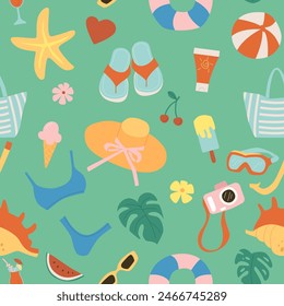 Summer Seamless Pattern. Swimsuit, Hat, Umbrella, Towel, Drink, Ice Cream. Hand Dawn Vector Illustration.