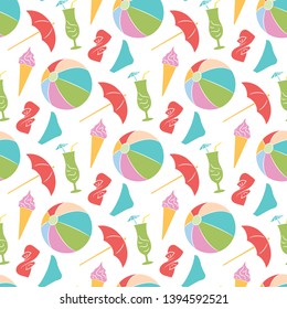 Summer seamless pattern. Swimsuit, umbrella, cocktail, beach ball, ice cream on white background. Cartoon vector illustration for holiday. Modern design paper, wallpaper, textile, cover, print, banner