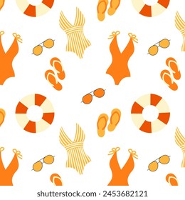 Summer seamless pattern with swimsuits, glasses and flip-flops. Vector illustration