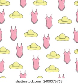 summer seamless pattern with swimsuits and hats 