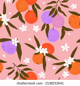 Summer seamless pattern with tangerines and flowers. Vector background of citrus fruits. Modern exotic tropical design for paper, cover, fabric and interior decor