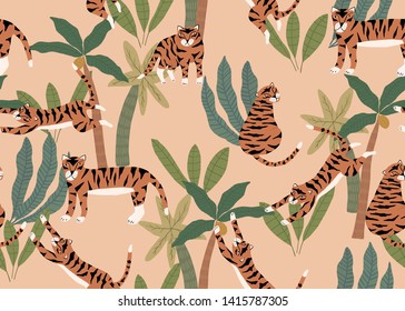 Summer seamless pattern with tigers and palm trees. Vector exotic illustration