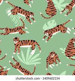 Summer seamless pattern with tigers. Vector exotic illustration