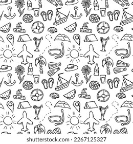 Patrón veraniego sin costuras. antecedentes de viaje. Juego de íconos de vacaciones de viaje, viaje y viaje de fondo. Iconos de viaje de verano Doodle. Patrón vectorial de vacaciones con iconos de viaje