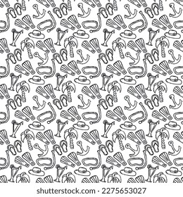 Summer seamless pattern. travel background. Travel vacation set of icons, journey and trip background. Doodle summer travel icons. Vacation vector pattern with travel icons