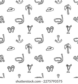 Summer seamless pattern. travel background. Travel vacation set of icons, journey and trip background. Doodle summer travel icons. Vacation vector pattern with travel icons