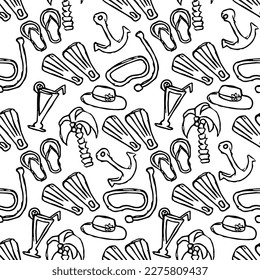 Summer seamless pattern. travel background. Travel vacation set of icons, journey and trip background. Doodle summer travel icons. Vacation vector pattern with travel icons