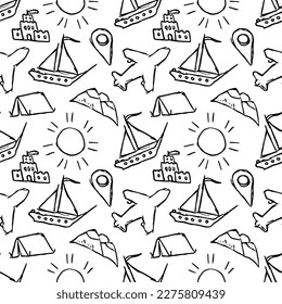 Summer seamless pattern. travel background. Travel vacation set of icons, journey and trip background. Doodle summer travel icons. Vacation vector pattern with travel icons