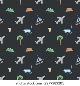 Summer seamless pattern. travel background. Travel vacation set of icons, journey and trip background. Doodle summer travel icons. Vacation vector pattern with summer icons