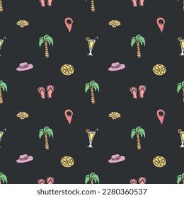 Summer seamless pattern. travel background. Travel vacation set of icons, journey and trip background. Doodle summer travel icons. Vacation vector pattern with summer icons