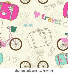 Summer seamless pattern with travel icons. Used for wallpaper, pattern fills, web page background,surface textures.