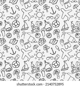 Summer seamless pattern. Summer travel icons. Travel vacation set of icons, journey and trip background. travel icons on white background. Vacation vector pattern