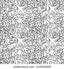 Summer seamless pattern. travel icons on white background.Travel vacation set of icons, journey and trip background. Doodle summer travel icons. Vacation vector pattern with travel icons