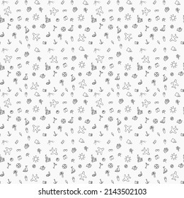 Summer seamless pattern. travel icons on white background.Travel vacation set of icons, journey and trip background. Doodle summer travel icons. Vacation vector pattern with travel icons