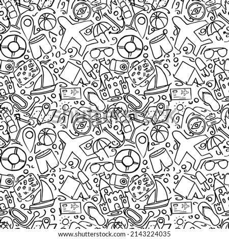 Summer seamless pattern. travel icons on white background.Travel vacation set of icons, journey and trip background. Doodle summer travel icons. Vacation vector pattern with travel icons