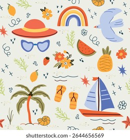 Verão, um padrão sem costura de elementos de tendência: sol, abacaxi, palmeira, sobremesa, flor, arco-íris. Arte moderna na moda. Cartoon, arte minimalista, abstrata estilo Nouveau. 