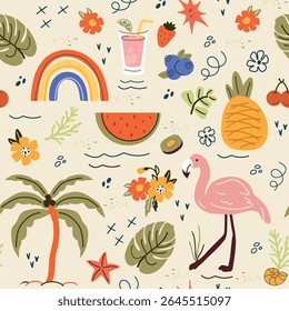 Summer, a seamless pattern of trend elements: sun, pineapple, palm tree, dessert, flower, rainbow. Fashionable modern art. Cartoon, minimalistic, abstract art Nouveau style. art template for print
