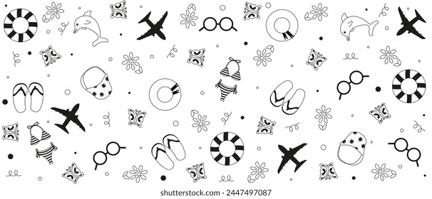 Summer Seamless Pattern in trendy Hand Drawn Look style. Wallpaper print Design. Sketchy lines Bikini, Flip-Flops, Flowers. Vector illustration can used Fabric Textile Print. Editable stroke