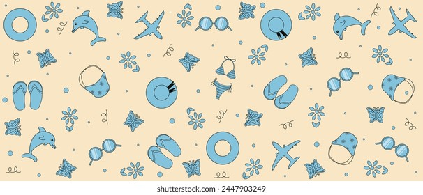 Summer Seamless Pattern in trendy Vintage Pastel style. Design Retro Wallpaper Print. Bikini, Flip-Flops, Flowers. Vector illustration can used Fabric Textile Print. Editable stroke