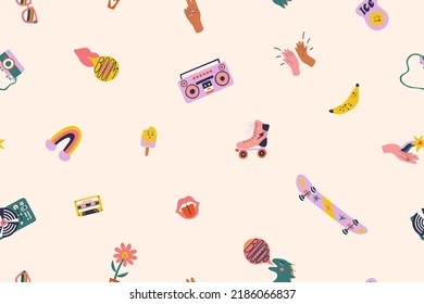 Summer seamless pattern with trippy cute characters, doodles and abstract shapes. Hand gestures, tape recorder, skateboard, cassette, stickers. Trendy modern print for fabric, wallpaper, packaging.