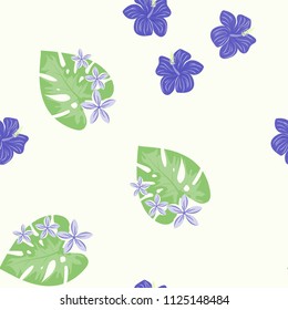 Summer seamless pattern with tropical blue flowers and leaves.