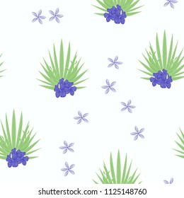 Summer seamless pattern with tropical blue flowers and leaves.