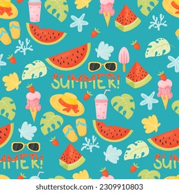 Summer seamless pattern. Tropical endless background with watermelons, ice cream, seashells and beach slippers on emerald background. Vector illustration in flat cartoon style