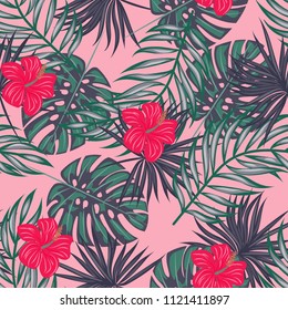 Summer seamless pattern with tropical flowers and leaves.