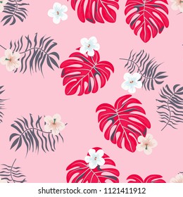 Summer seamless pattern with tropical flowers and leaves.
