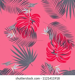 Summer seamless pattern with tropical flowers and leaves.