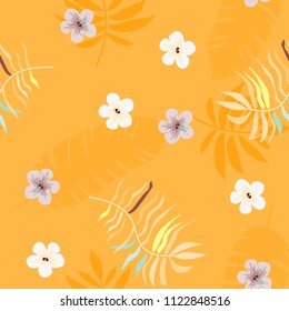 Summer seamless pattern with tropical flowers and leaves.