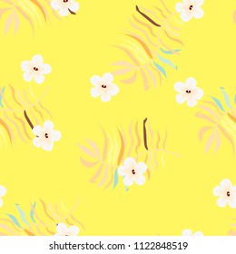 Summer seamless pattern with tropical flowers and leaves.