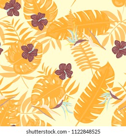 Summer seamless pattern with tropical flowers and leaves.