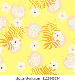 Summer seamless pattern with tropical flowers and leaves.