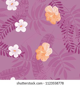 Summer seamless pattern with tropical flowers and leaves.