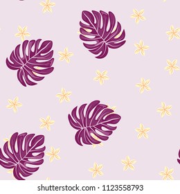 Summer seamless pattern with tropical flowers and leaves.