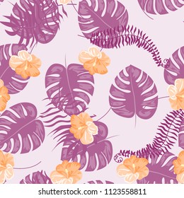 Summer seamless pattern with tropical flowers and leaves.