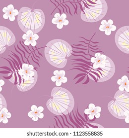 Summer seamless pattern with tropical flowers and leaves.