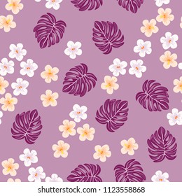 Summer seamless pattern with tropical flowers and leaves.
