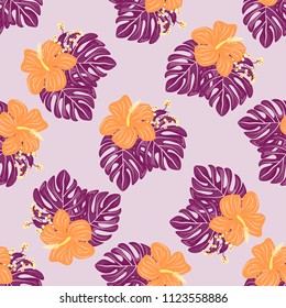 Summer seamless pattern with tropical flowers and leaves.
