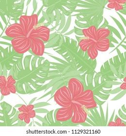 Summer seamless pattern with tropical flowers and leaves.