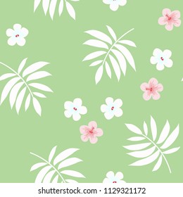 Summer seamless pattern with tropical flowers and leaves.