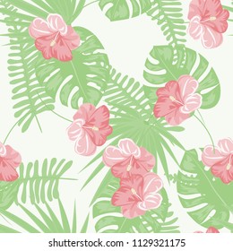 Summer seamless pattern with tropical flowers and leaves.