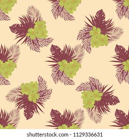 Summer seamless pattern with tropical flowers and leaves.